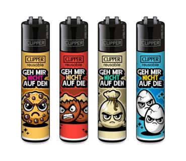 Clipper CLASSIC Large – „Geh mir nicht…“ 4er Set mit Keks-, Nuss-, Sack- und Eier-Motiv; nachfüllbar, Softflame, Stopfhilfe.